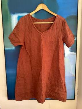 Italian 100% Linen Short Sleeve V-Neck Burnt Orange Rust Lagenlook Tunic Dress